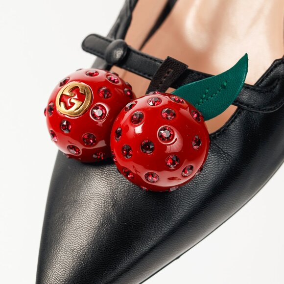 Gucci Unia Black Leather Cherry-Embellished Pointed-Toe Heels - Picture 8 of 10